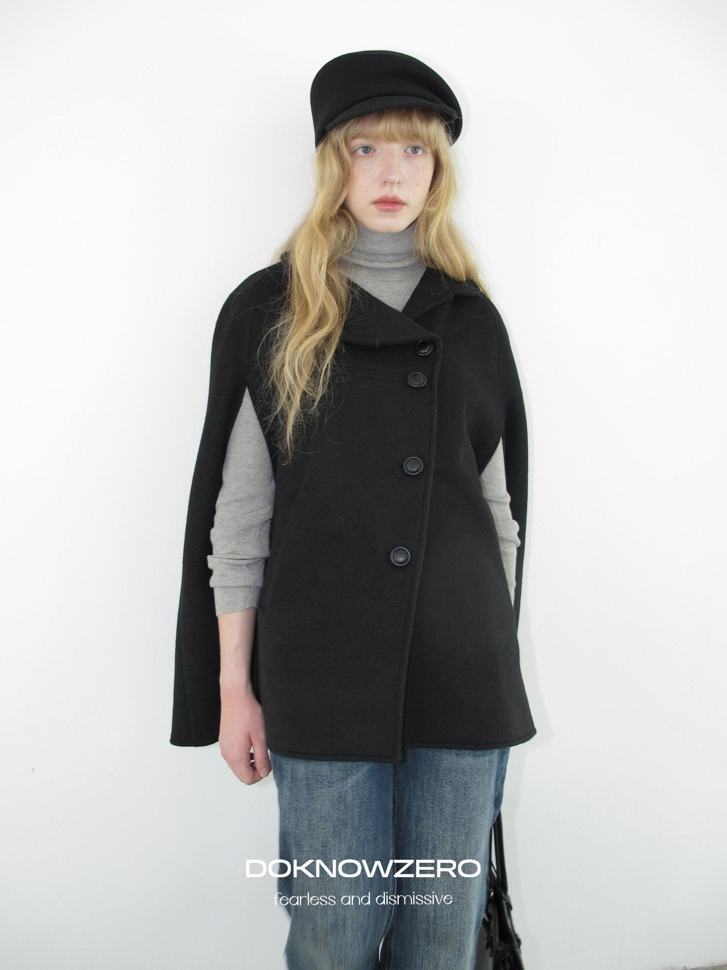 DKZ OFFICIAL Black Bud Collar Cape Double Breasted Women&
