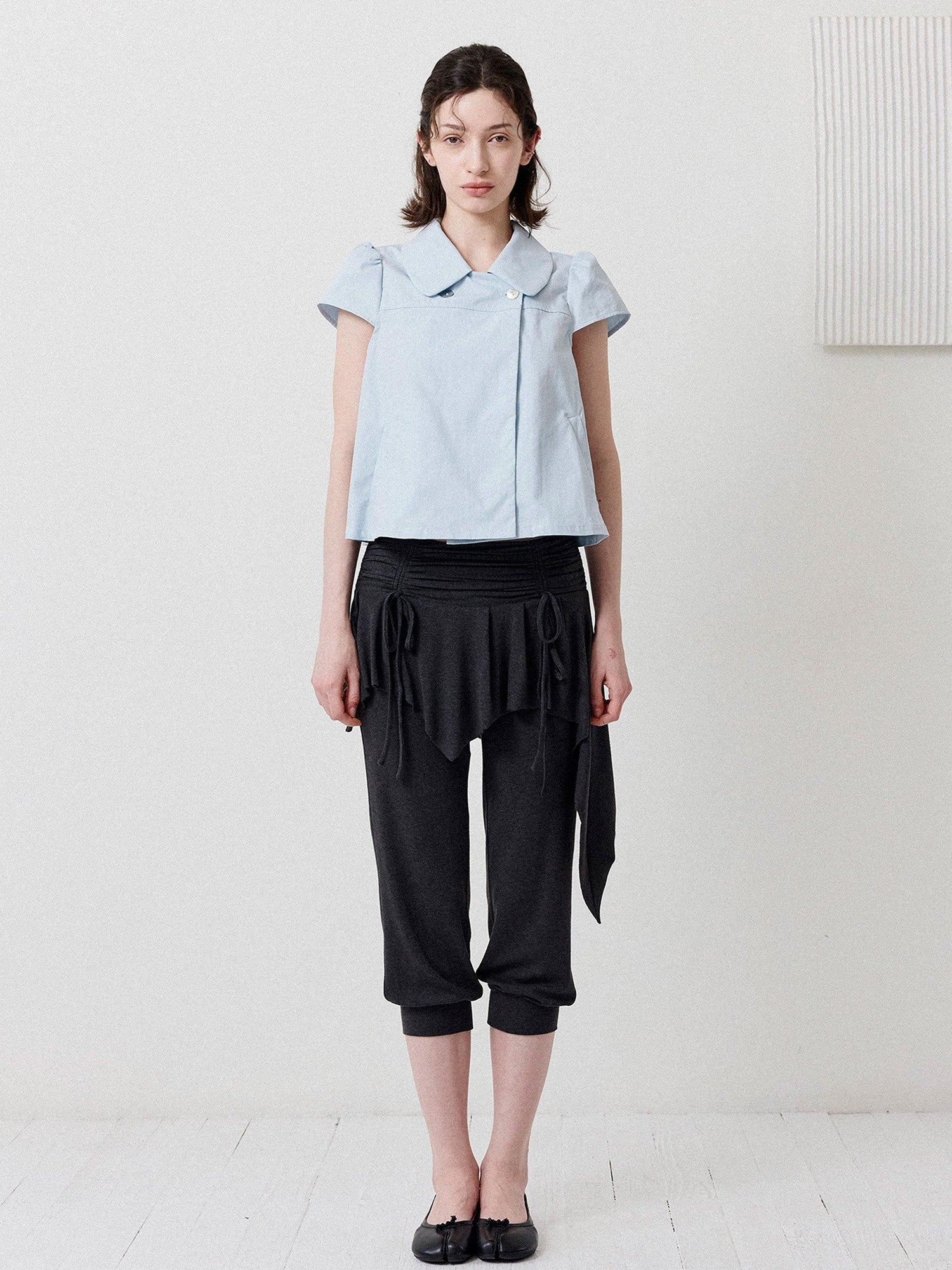 DKZ OFFICIAL Deep Blue Double Buttons Doll Collar Puff Sleeves Women&