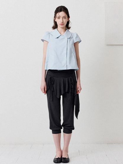DKZ OFFICIAL Deep Blue Double Buttons Doll Collar Puff Sleeves Women&