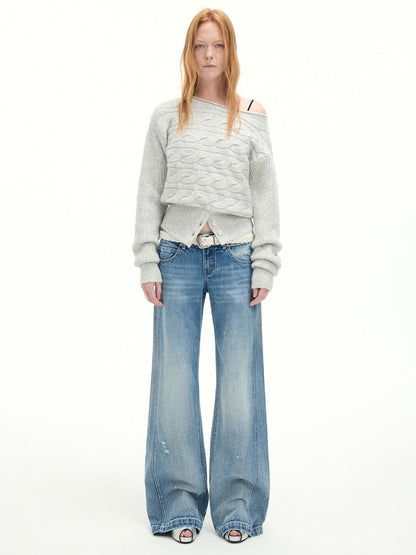 RUN TO THE FUTURE Vintage Washed Flared Cotton Natural Waist Women Blue Wide-Leg Jeans