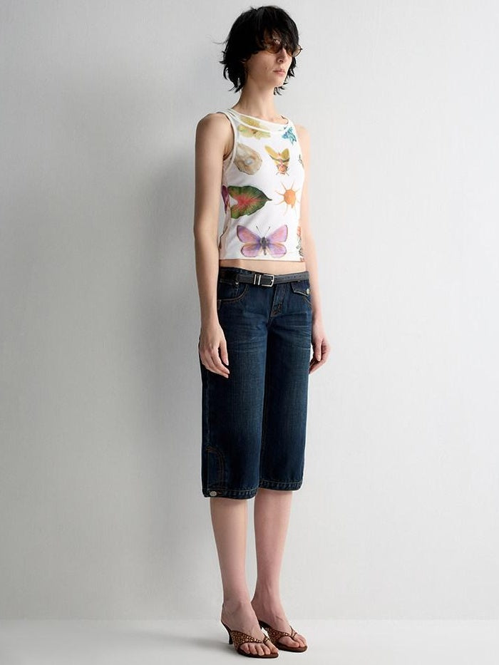 RUN TO THE FUTURE Original Print Asymmetrical Slim Fit Tencel Cropped Animal Women White Tank Tops