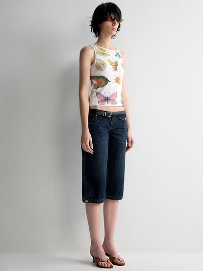 RUN TO THE FUTURE Original Print Asymmetrical Slim Fit Tencel Cropped Animal Women White Tank Tops