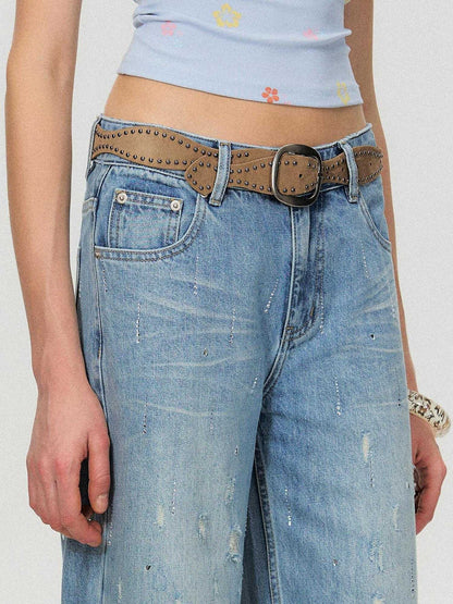 The NeverMore Crystal Trim Relaxed Natural Waist Women Washed Blue Zipper Straight Leg Jeans