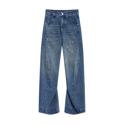 RUN TO THE FUTURE Ripped Washed Durable Low Rise Relaxed Fit Vintage Blue Wide-Leg Jeans