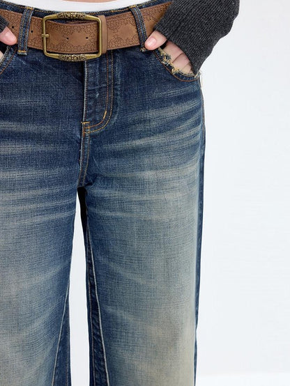 RUN TO THE FUTURE Washed Deep Navy Low Rise Loose Fit Casual Denim Wide Leg Straight Jeans
