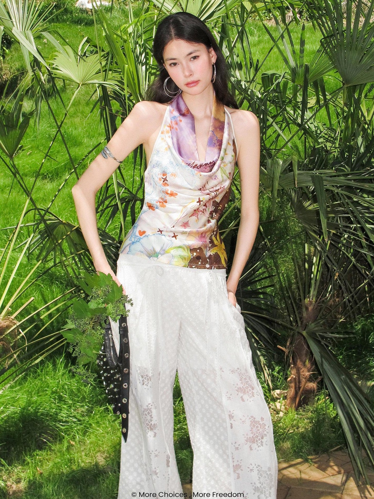 OfAkiva Purple Printed Draped Halter Backless Cropped Women&