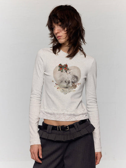 RUN TO THE FUTURE Stretch Cotton Slim Vintage Commuter Printed Lace Long Sleeve Women Crop Tops