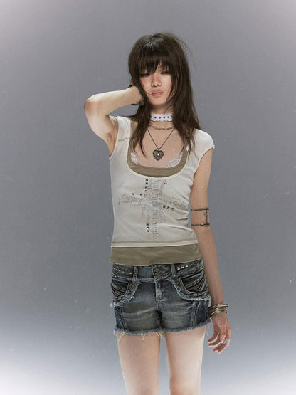 Cest Nous Colorblock Faux Layered Silver Foil Cross Graffiti Women&