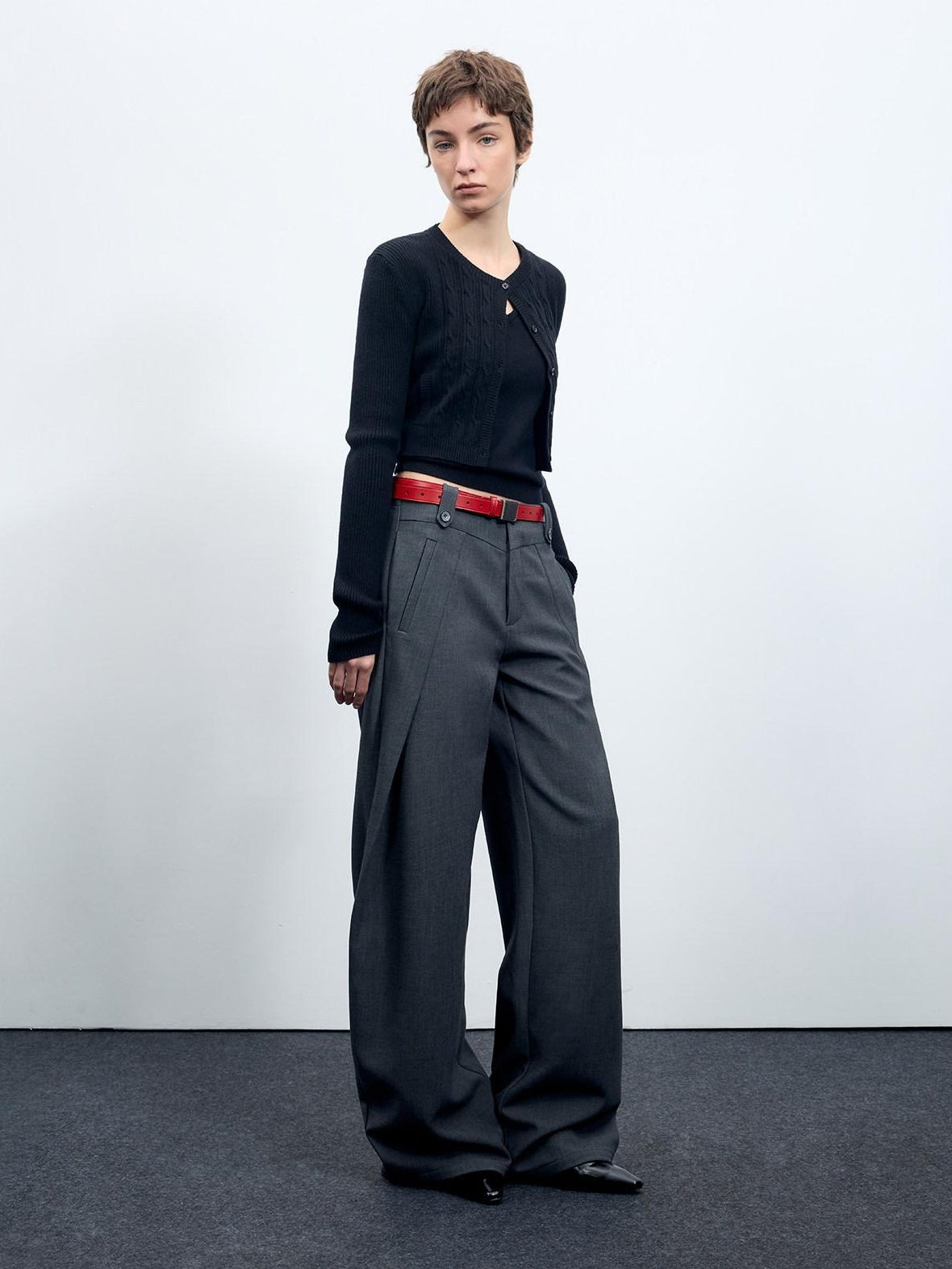 RUN TO THE FUTURE Flattering Mid Rise Minimalist Straight Cut Office Gray Black Wide-Leg Pants