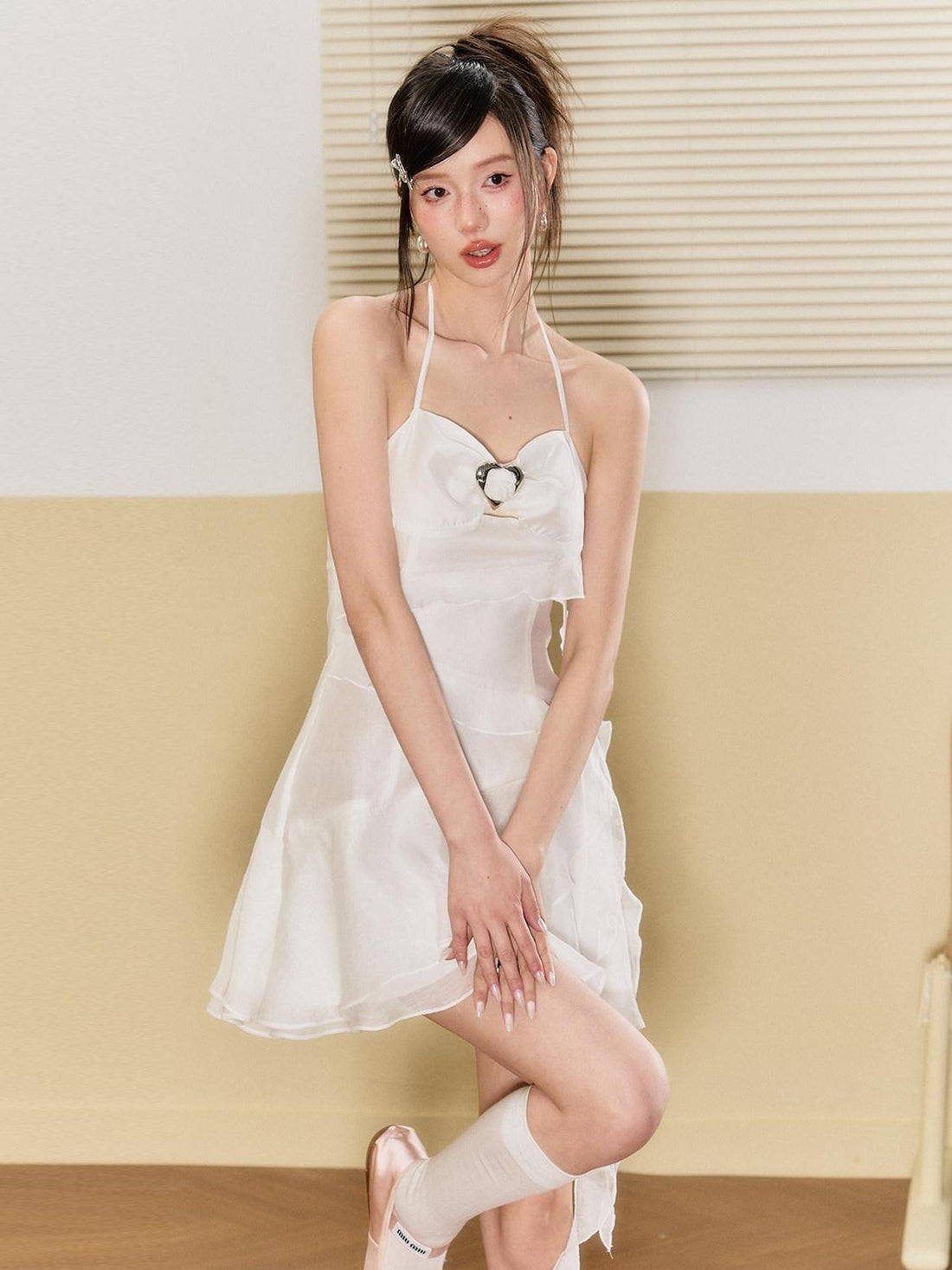 7Shiftin High Waist Chiffon A Line Spaghetti Strap Office White Mini Dresses