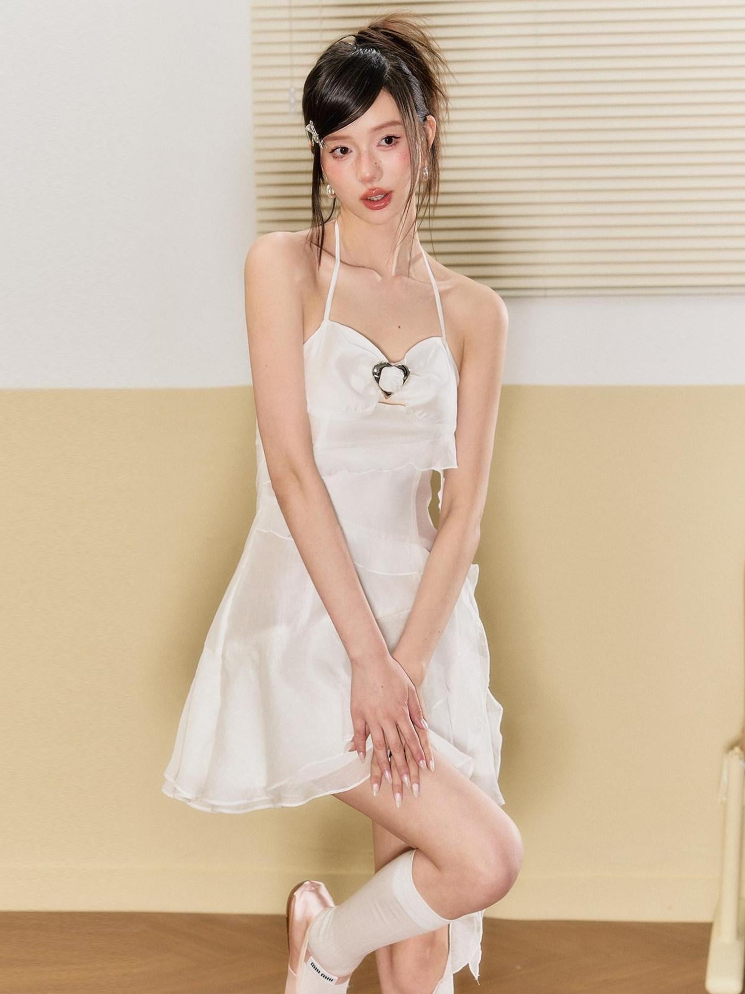 7Shiftin High Waist Chiffon A Line Spaghetti Strap Office White Mini Dresses