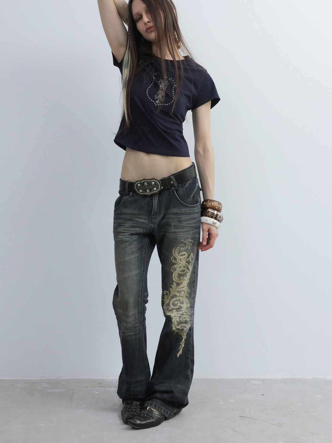DoublePunch Baroque Print Distressed Micro Flare Women&