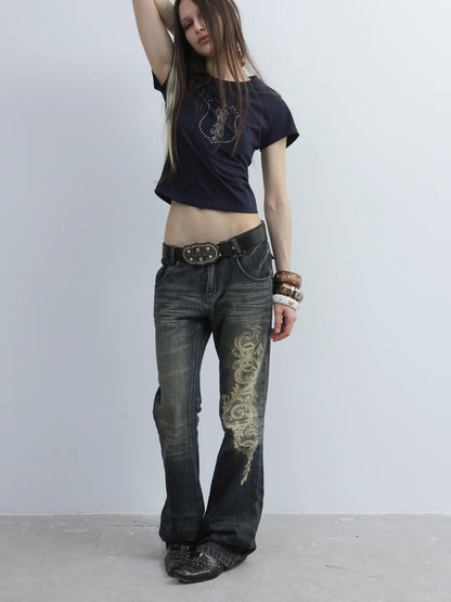 DoublePunch Baroque Print Distressed Micro Flare Women&