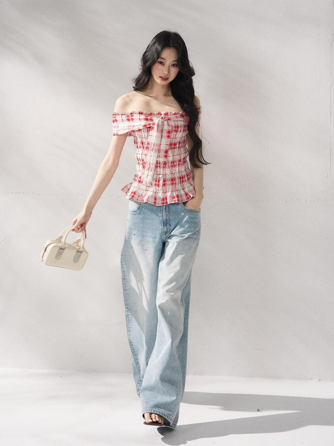 7Shiftin Red Plaid Slim Fit Bardot Short Sleeve Women Casual Off Shoulder Crop Tops