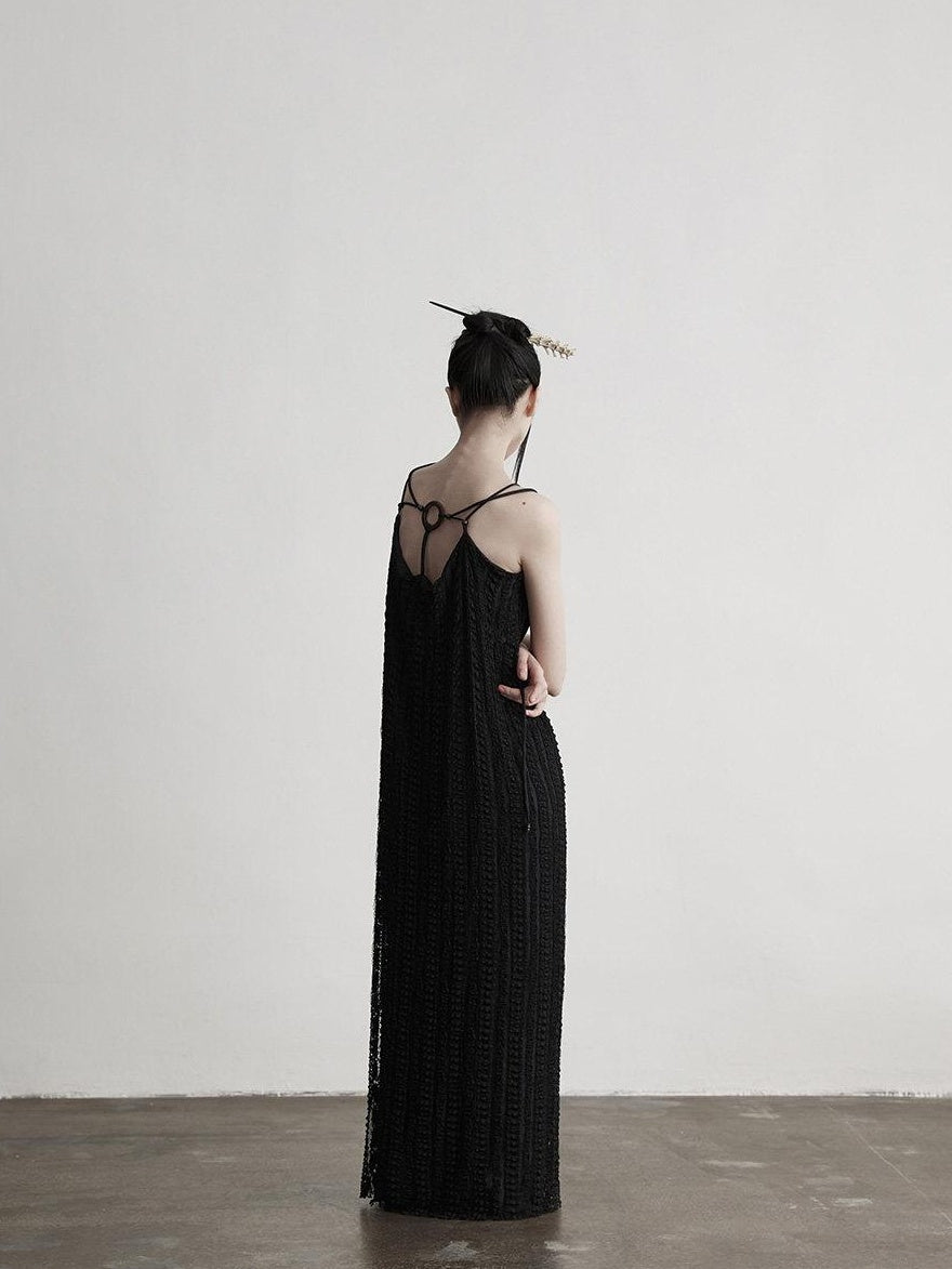 INDULGE Sleek Dark Goth Lace Ribbon H Natural Waist Black Nylon Slip Maxi Dresses