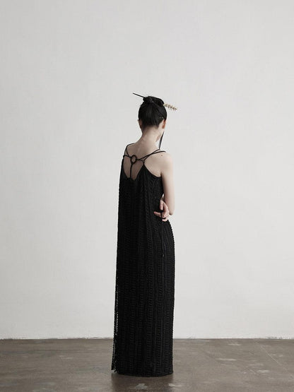 INDULGE Sleek Dark Goth Lace Ribbon H Natural Waist Black Nylon Slip Maxi Dresses