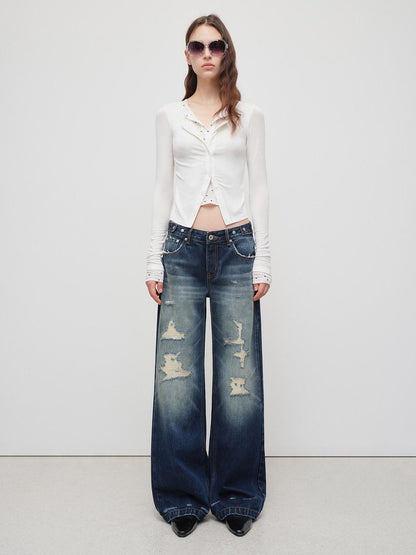 RUN TO THE FUTURE Vintage Distressed Low Rise Ripped Loose Fit Women Cotton Zipper Wide-Leg Jeans