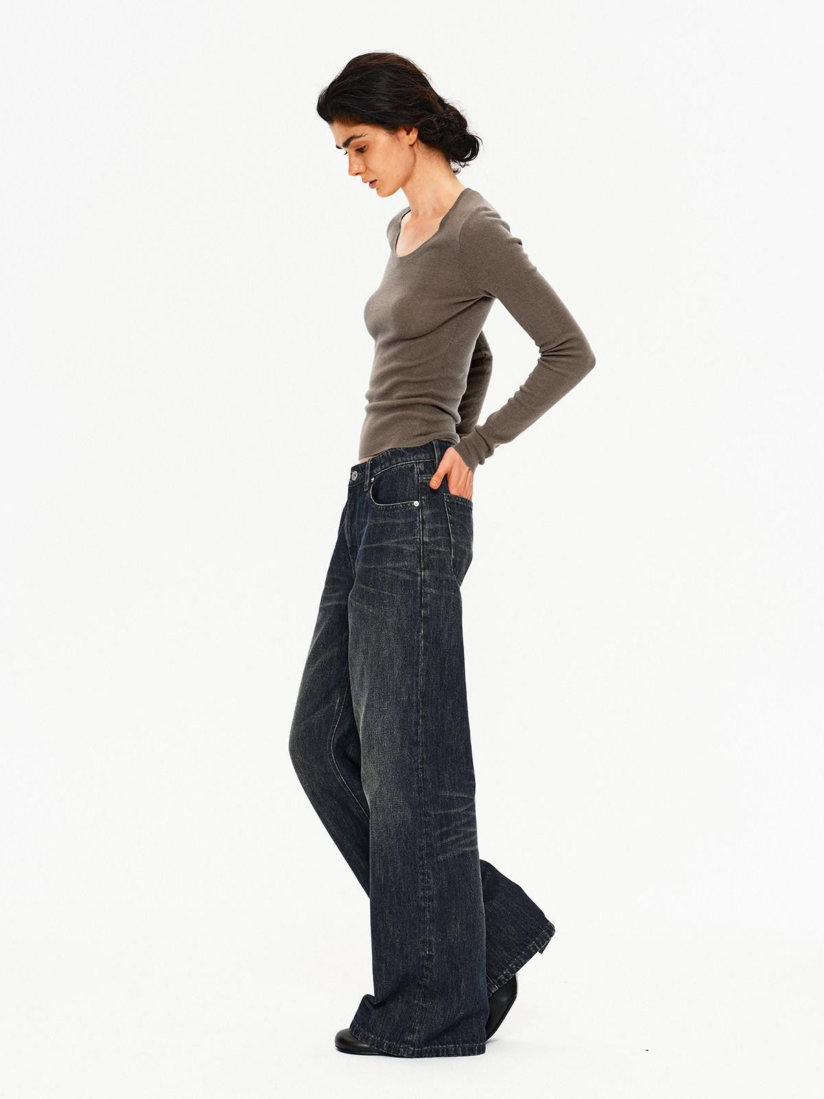 Northbutsouth Four Color U Neck Slim Fit Lightweight Long Sleeve Women&
