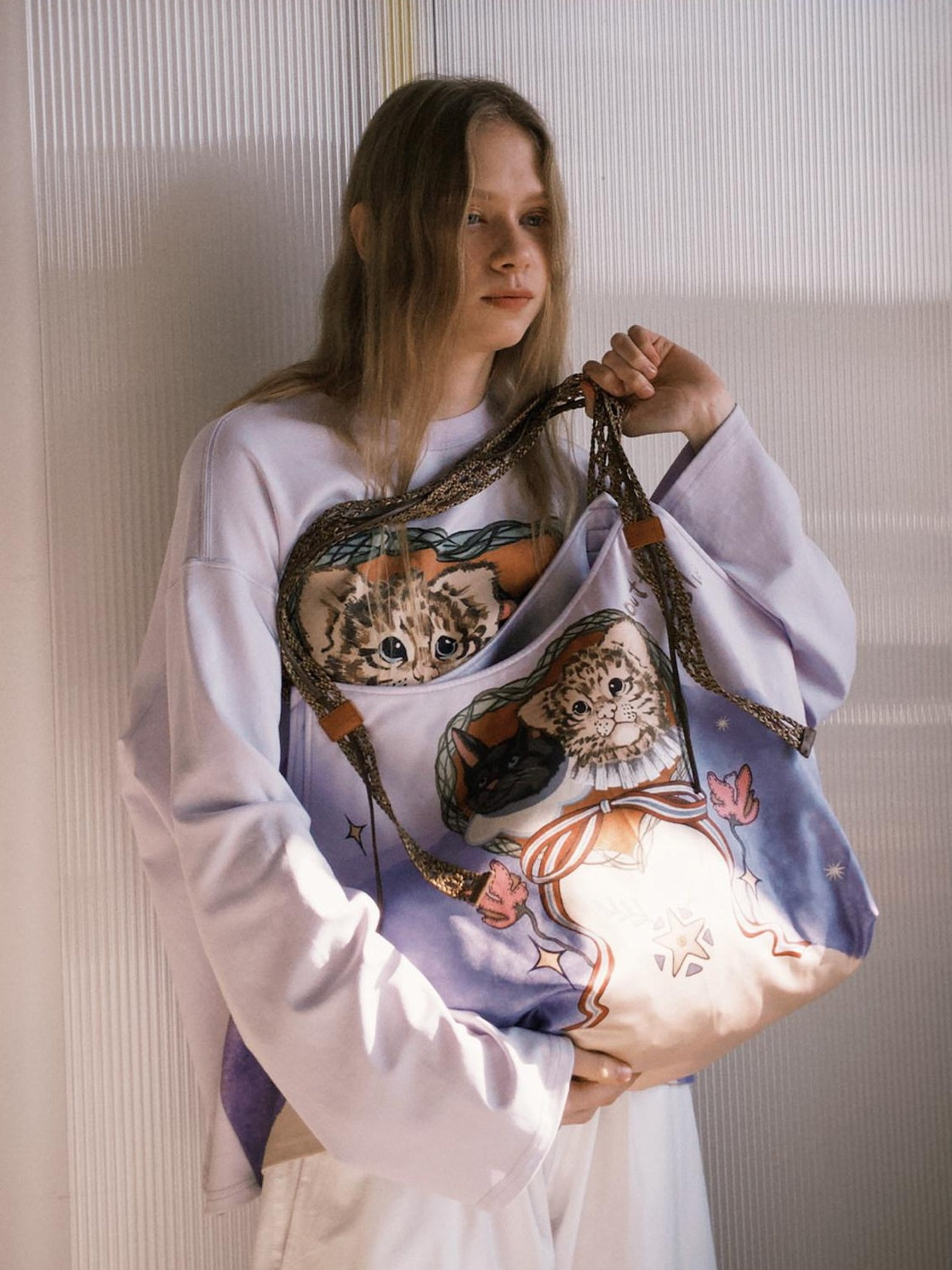 OuttheBlue Cute Cat Print Light Purple Roomy Square Double Strap Shoulder Women Tote Bags