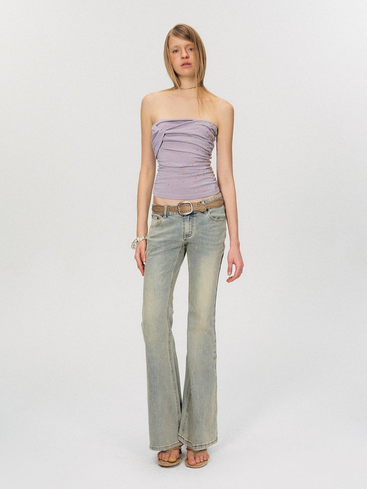 The NeverMore Washed Micro Flare Low Rise Micro Stretch Cotton Blue Green Straight Leg Jeans