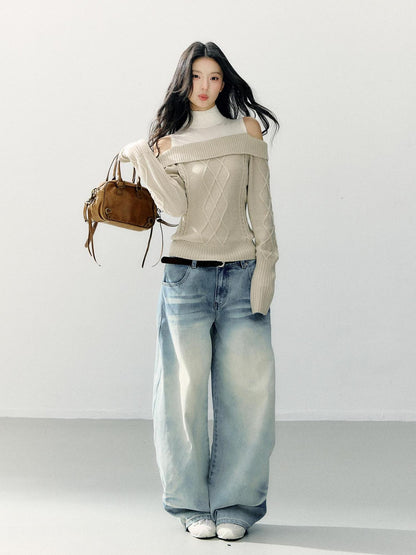 7Shiftin Washed Cotton Natural Waist Girly Zip Fly Non Stretch Blue Women Wide Leg Jeans