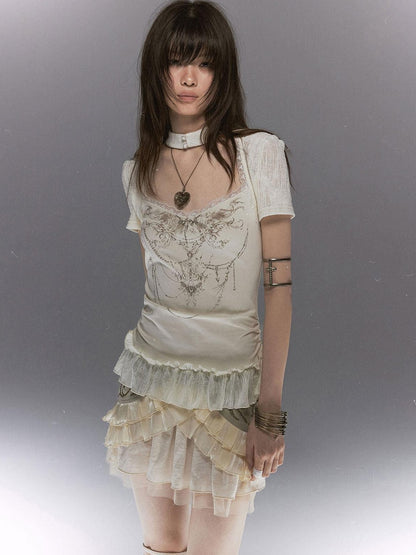 Cest Nous Butterfly Print Textured Lace Ruffle Women&