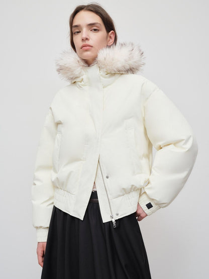 RUN TO THE FUTURE 90 Percent White Duck Down Short Straight Women Detachable Hood Fur Down Jackets