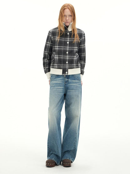 RUN TO THE FUTURE Washed Cotton Casual Natural Waist Topstitch Women Denim Blue Wide-Leg Jeans