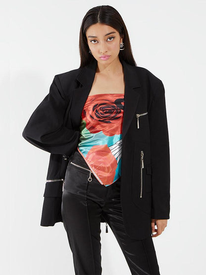 JYOSEI Black Padded Shoulder Loose Fit Single Button Pockets Women&