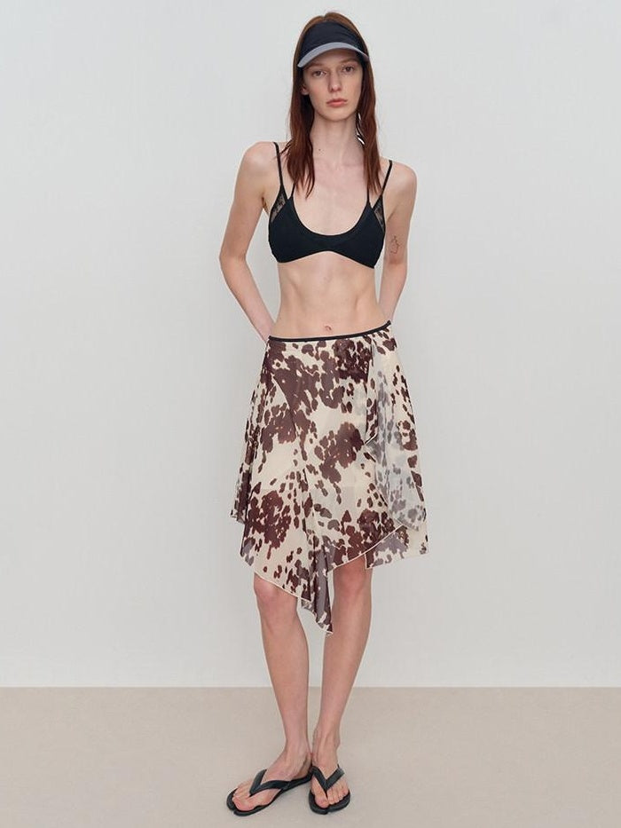 RUN TO THE FUTURE Breathable Lined Asymmetric A Line Casual Low Waist Cow Print Women Midi Skirts