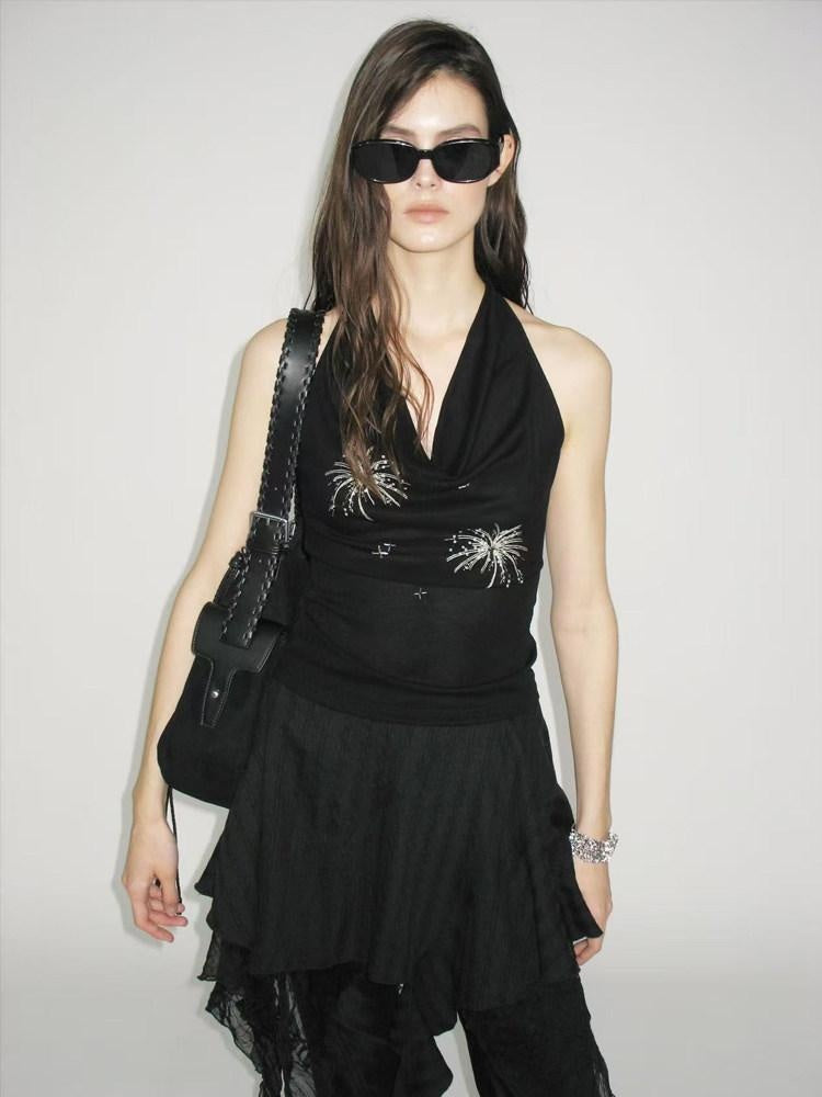 AnnoMundi Airy Lyocell Embroidered Halter Polo Collar Midi Women Black Tank Tops