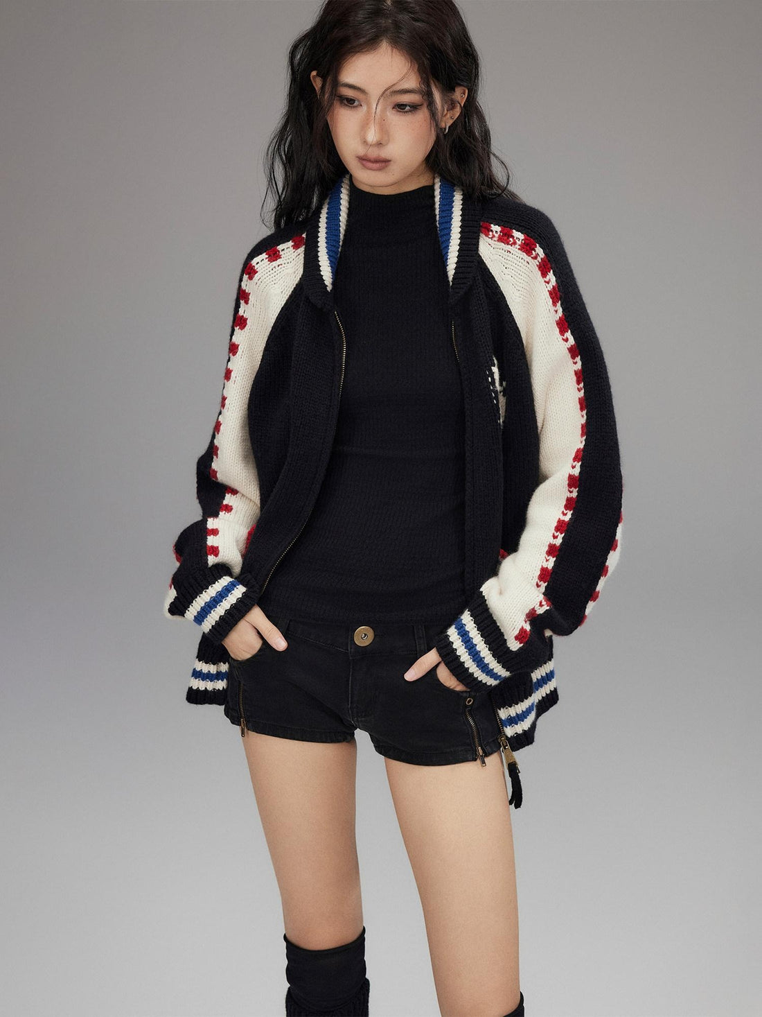 Low pixel Wool Blend Hooded Zip Colorblock Loose Casual Women Animal Print Cropped Jackets