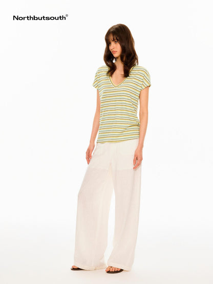 Northbutsouth Colorful Striped V-neck Frayed Edge Women&