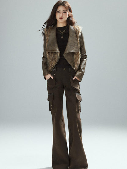 Low pixel Slim Low Rise Cotton Flare Street Style Zipper Brown Women Cargo Pants