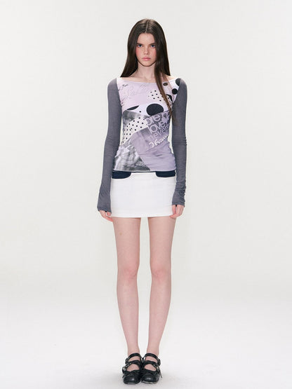 The NeverMore Contrast Printed Cotton Mid Waist Straight Bodycon Women White Mini Skirts