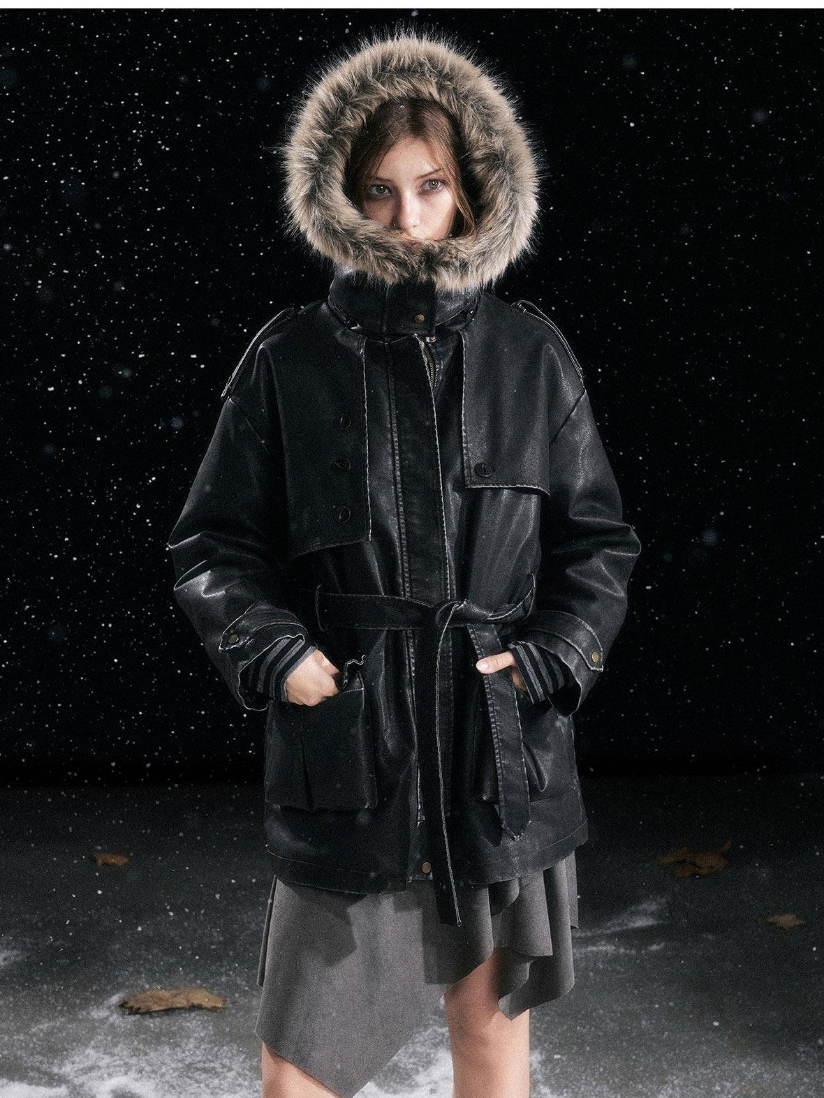 Cest Nous Fur Collar Hooded Utility Distressed Women&