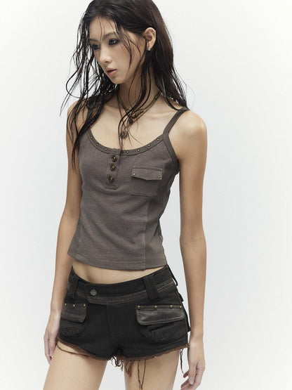 Low pixel Low Rise Khaki Patchwork Dark Aesthetic Slim Fit Cotton Zip Fly Mini Shorts