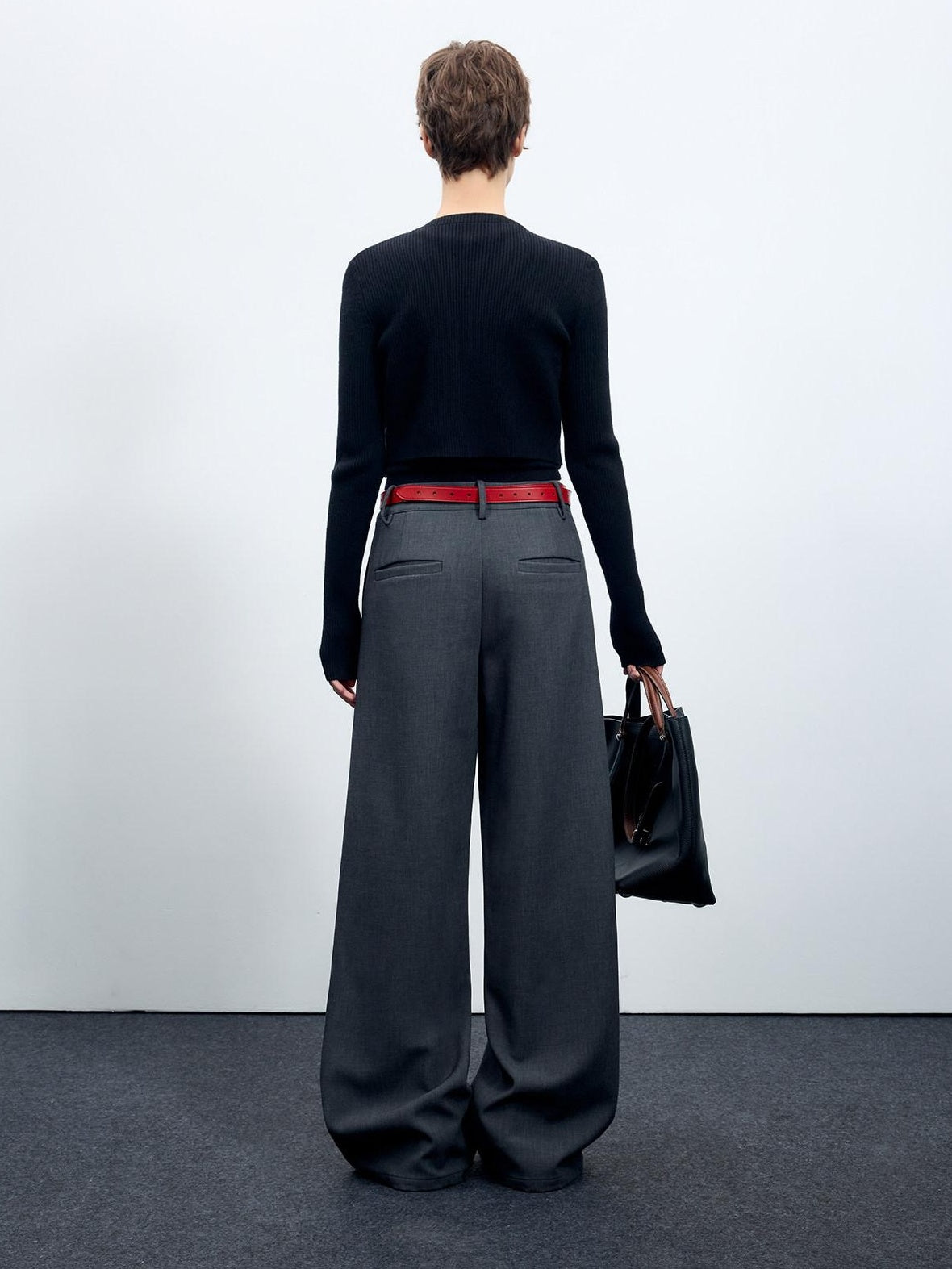 RUN TO THE FUTURE Flattering Mid Rise Minimalist Straight Cut Office Gray Black Wide-Leg Pants