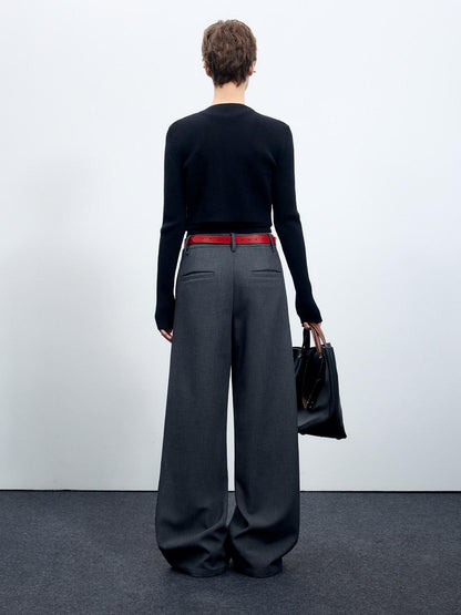 RUN TO THE FUTURE Flattering Mid Rise Minimalist Straight Cut Office Gray Black Wide-Leg Pants
