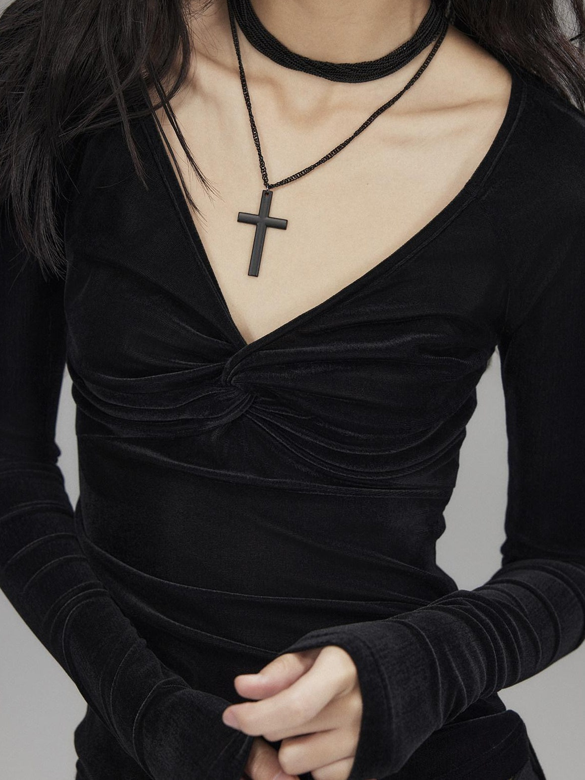 Low pixel Flocked Velvet Mesh V-neck Slim Dark Aesthetic Daily Wear Long Sleeve Crop Tops