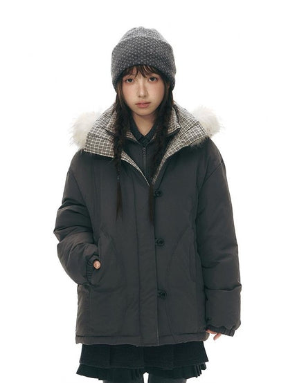 NAPSNAPS White Fur Hooded Double Collar Faux Two Piece Women&