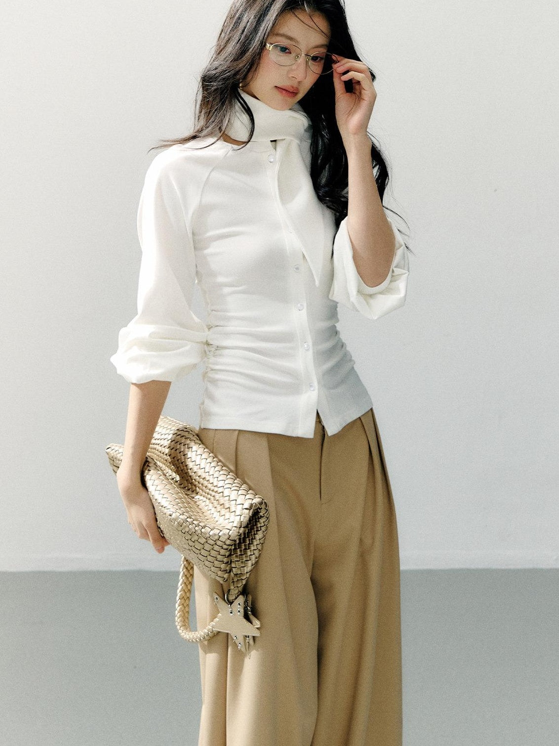 7Shiftin Cotton Bow Tie Fitted Waist Casual Cropped Long Sleeve Women White Blouses