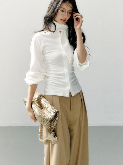 7Shiftin Cotton Bow Tie Fitted Waist Casual Cropped Long Sleeve Women White Blouses