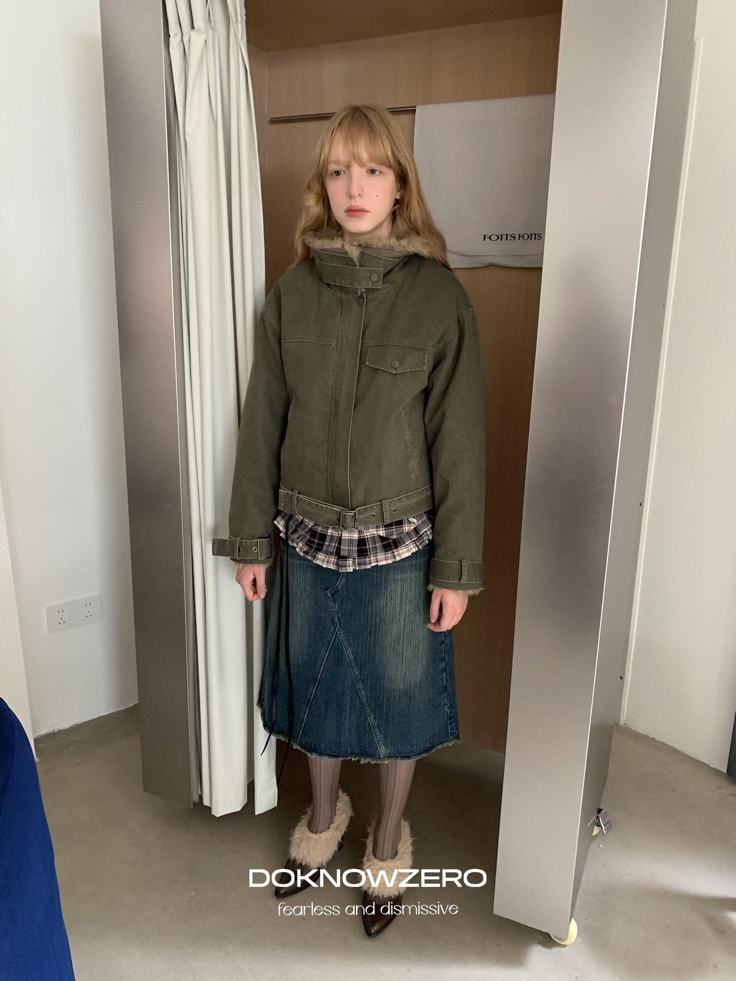DKZ OFFICIAL Olive Green Fur Collar Washed Vintage Women&