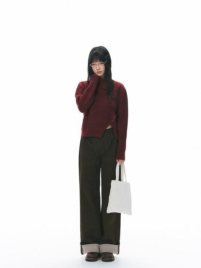 NAPSNAPS Rust Red Asymmetrical Placket Knit Mock Neck Women&