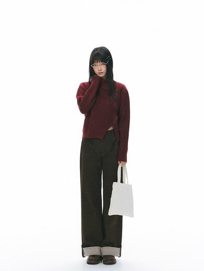 NAPSNAPS Rust Red Asymmetrical Placket Knit Mock Neck Women&