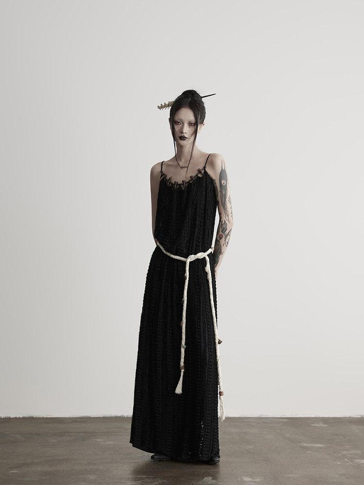 INDULGE Sleek Dark Goth Lace Ribbon H Natural Waist Black Nylon Slip Maxi Dresses