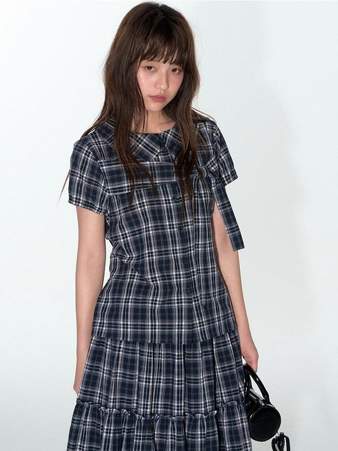 NAPSNAPS Blue Plaid Ruffle Hem High Waist Pleated Patchwork Women&