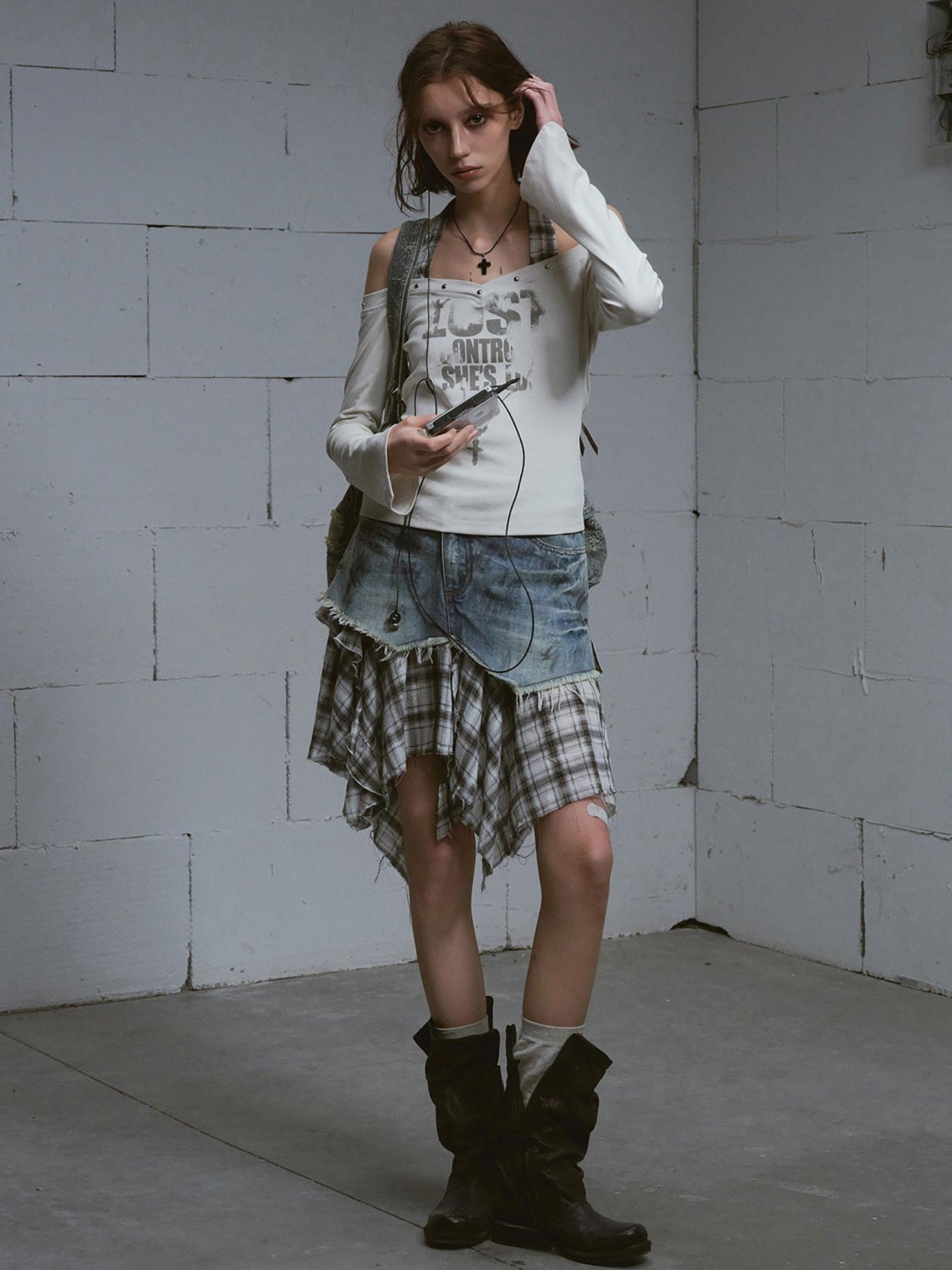 Cest Nous Washed Deconstructed Plaid Patchwork Asymmetric Women&