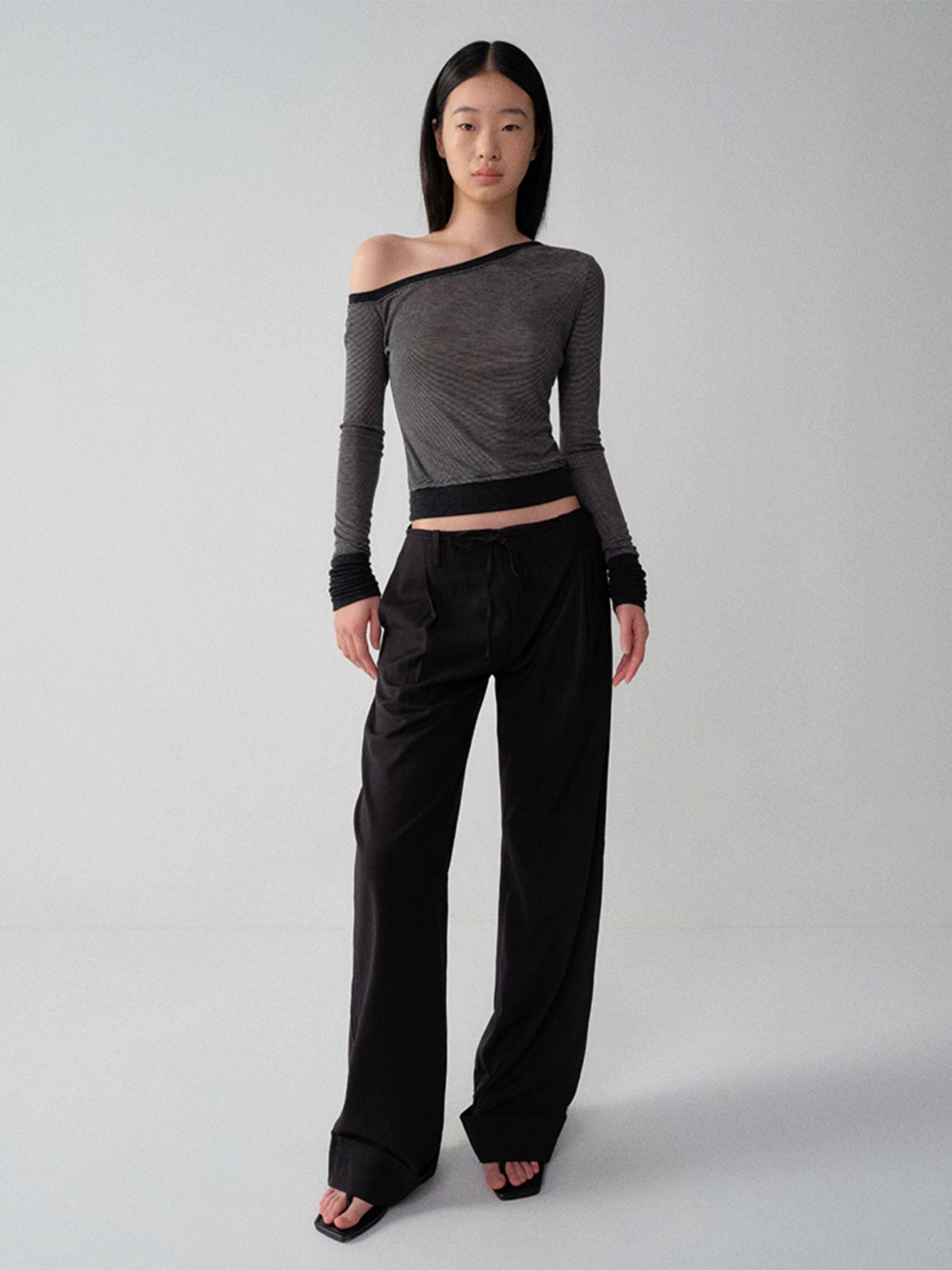 RUN TO THE FUTURE Low Waist Zip Fly Minimalist Relaxed Wide Leg Black Red Stripe Straight Pants